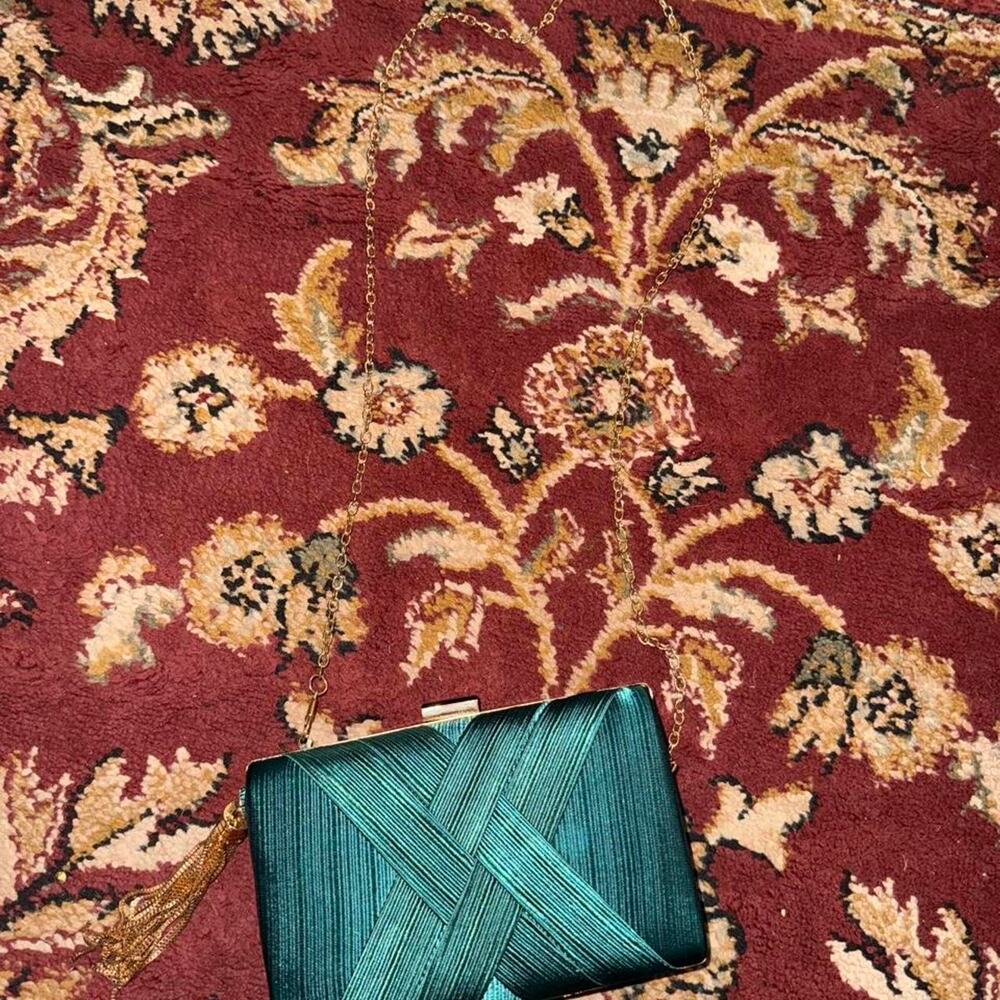 Teal woven clutch with chain
